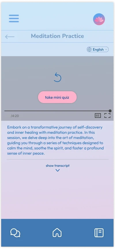 Meditation Practice lesson video screen with a 'take mini quiz' button
