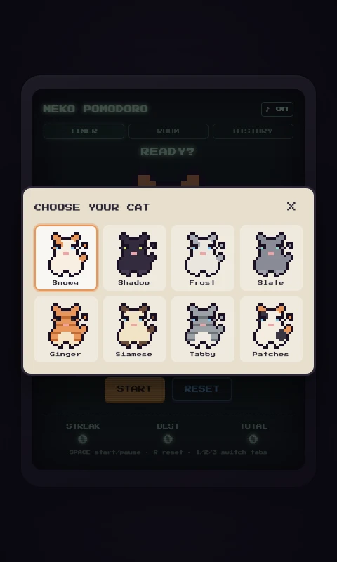 Cat picker overlay showing eight selectable pixel-art cat colorways