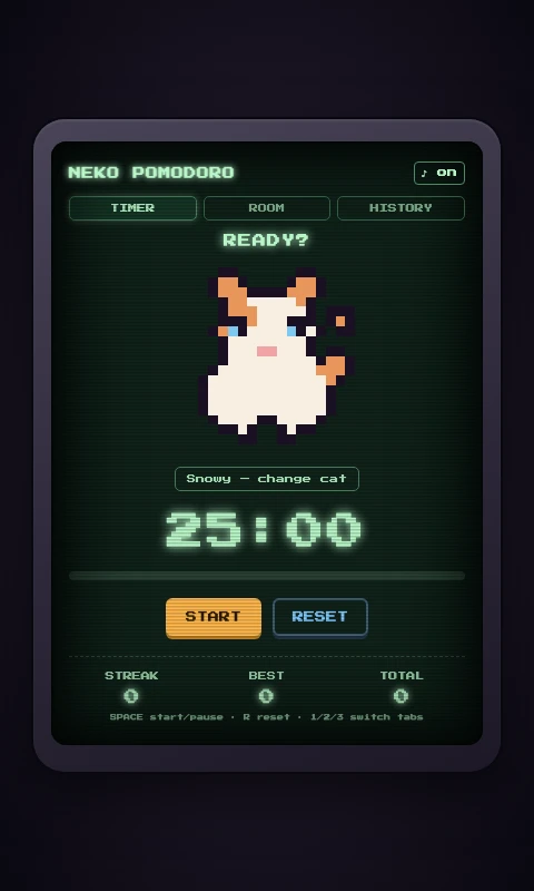 Cat Pomodoro timer screen showing a phosphor-green CRT interface with a pixel-art cat and a 25:00 countdown