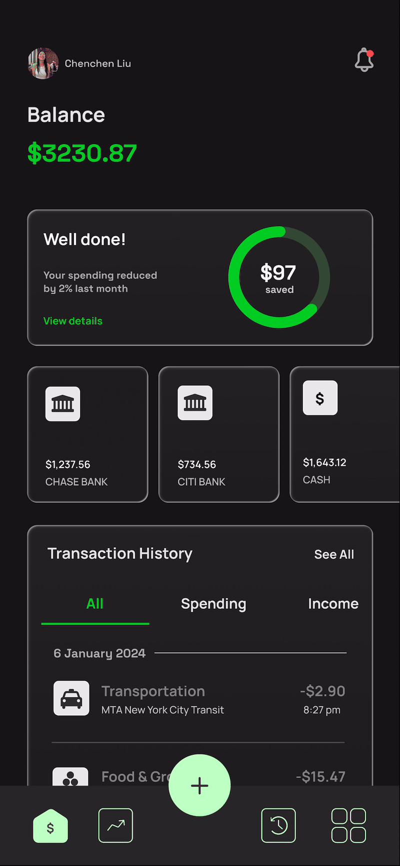 Transaction History screen — final design