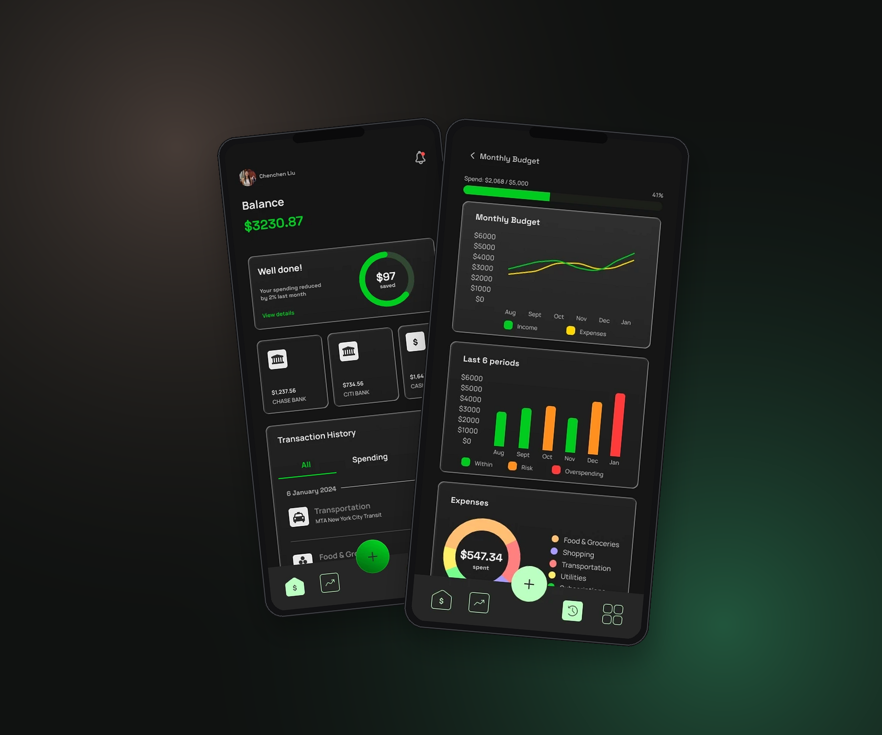 Finwise mobile app screens showing account balance and monthly budget tracking