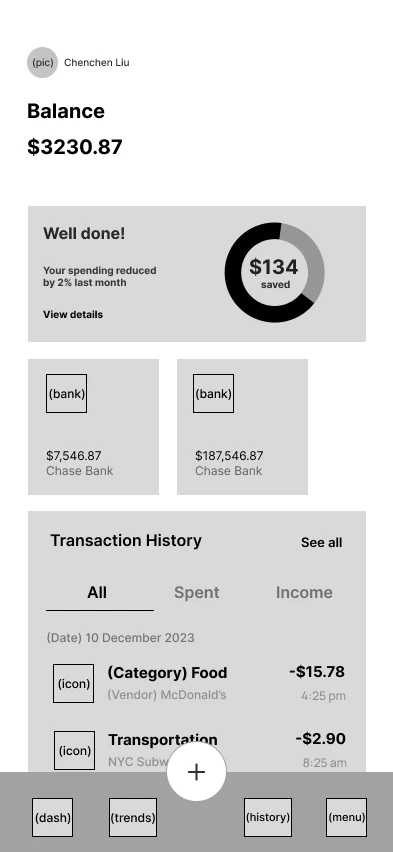 Balance screen — grayscale wireframe