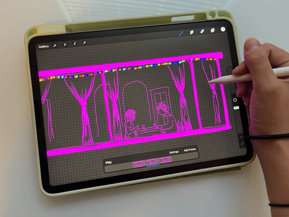 Hand-drawn rotoscope frame in Procreate on an iPad, tracing the reference restaurant scene