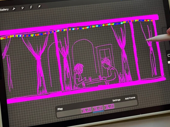 Hand-drawn rotoscope frame for Modern Love, sketched in Procreate